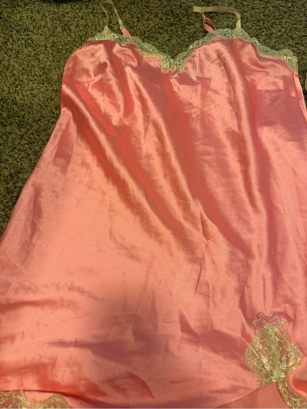 Pink Satin Slip Dress with Lace Trim